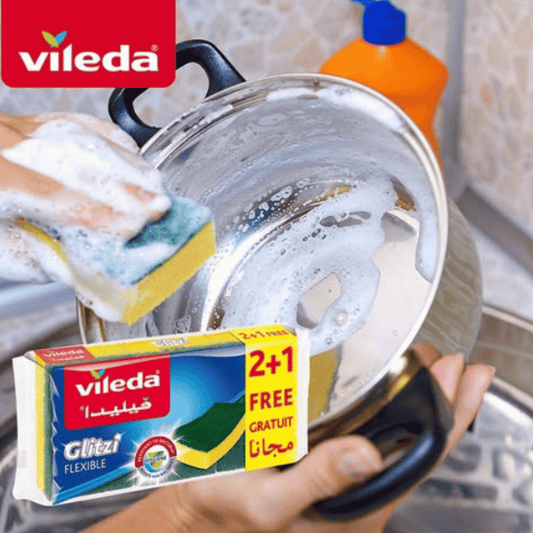 Vileda Glitzi Flexible Scourer Sponge, Antibacterial, Multi-purpose, Yellow & Green, 2+1 Pcs