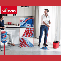 Vileda 3action Supermocio Floor Mop with a Stick, Versatile, Red Spot Eraser, Blue Microfibre, 3d Red Spots, 14 X 7 X 157 Cm