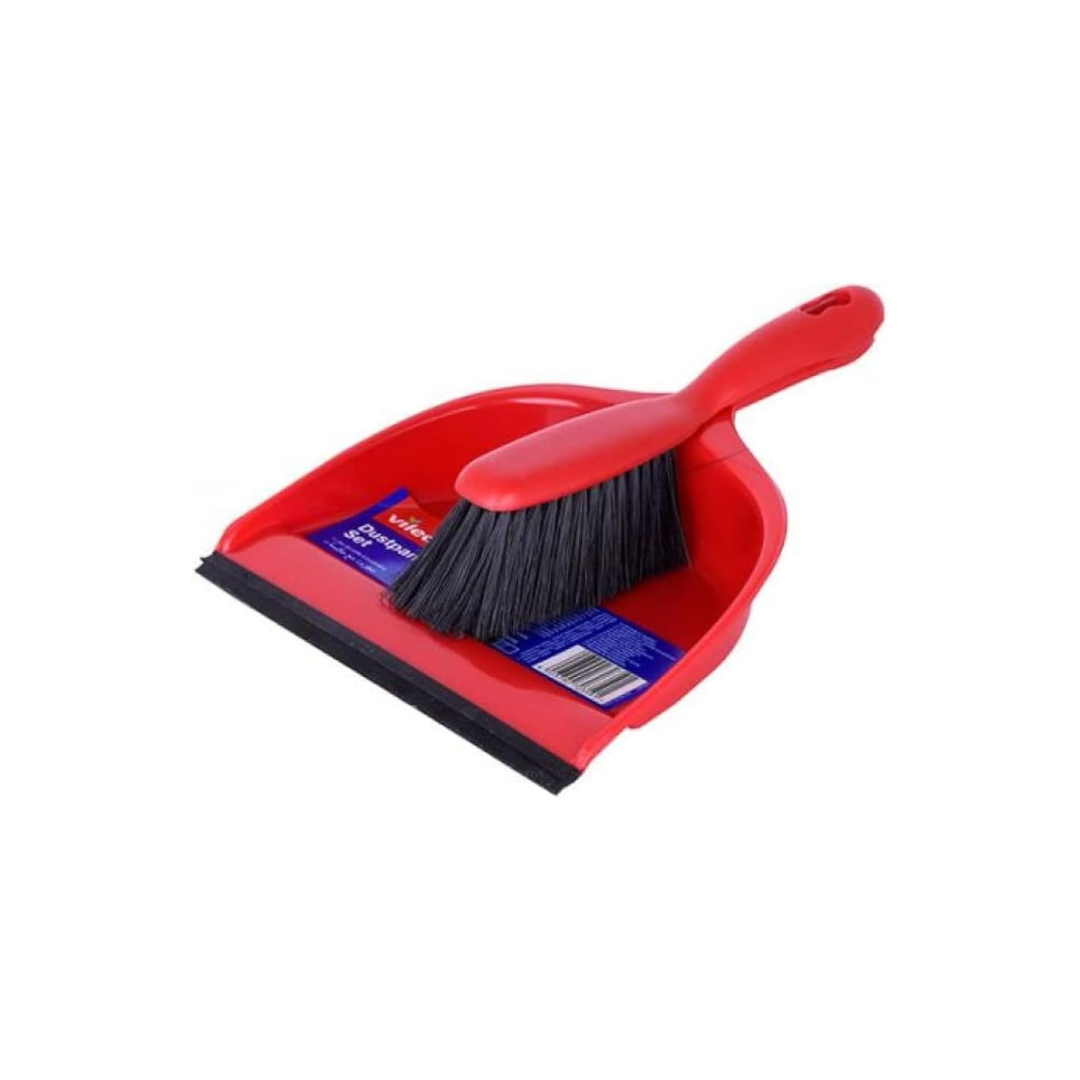 Vileda Dustpan and Brush Standard Set, Grooved Edge, Rubber Lip, Red, 33 x 23 x 8 cm