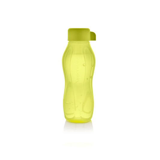 A yellow Tupperware Eco+ Bottle with a capacity of 310ml, featuring a contoured shape and a leak-proof cap.