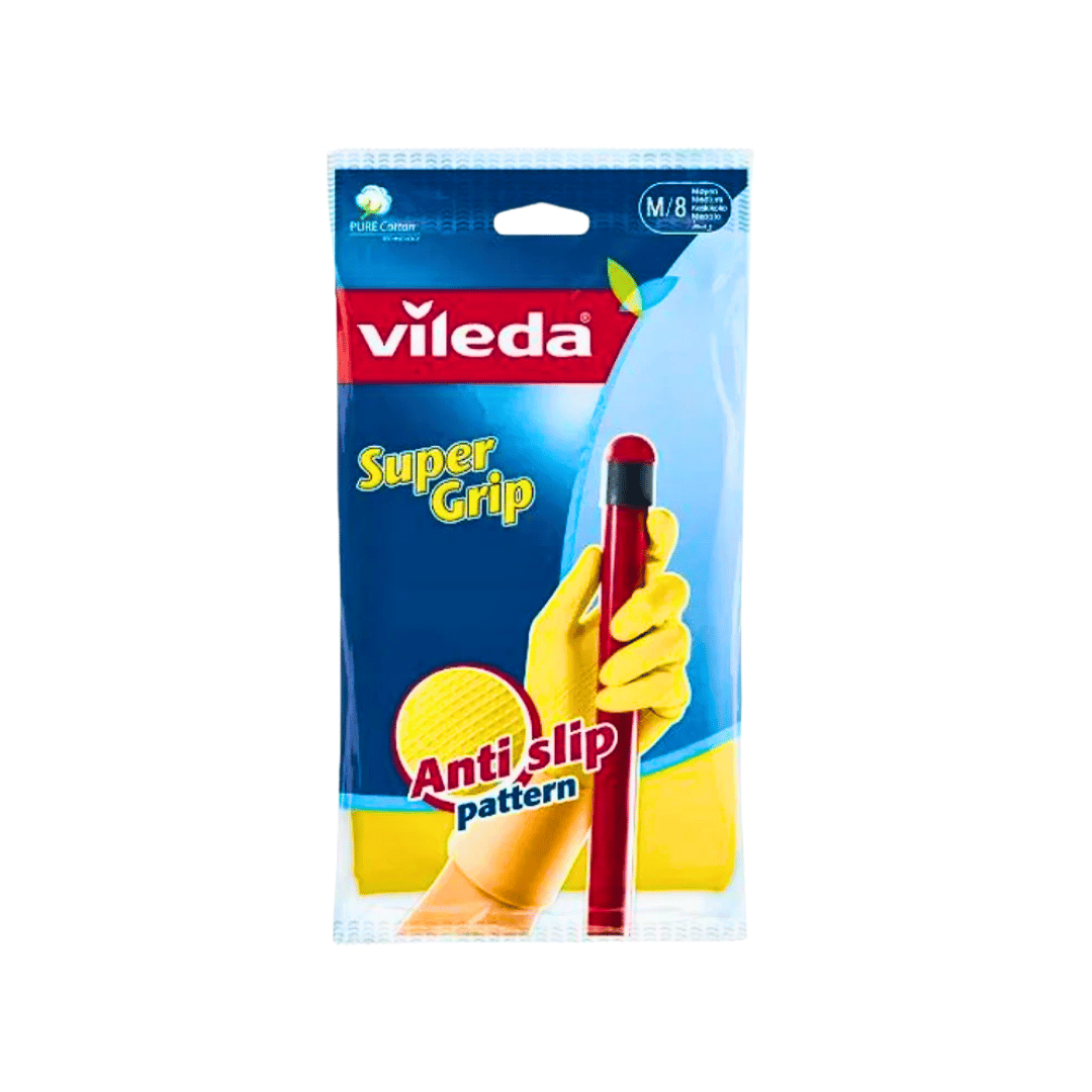 Vileda Super Grip, Durable Cleaning Gloves, Ideal all household tasks, Anti-slip pattern, Optimum handling and strong grip, Cotton lining, Size M Medium, 1 pair