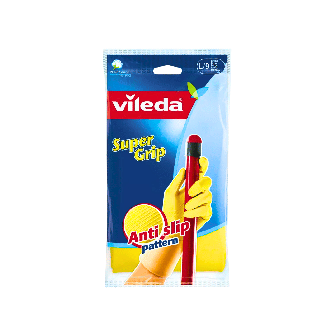 Vileda Super Grip, Durable Cleaning Gloves, Ideal all household tasks, Anti-slip pattern, Optimum handling and strong grip, Cotton lining, Size L Large, 1 pair