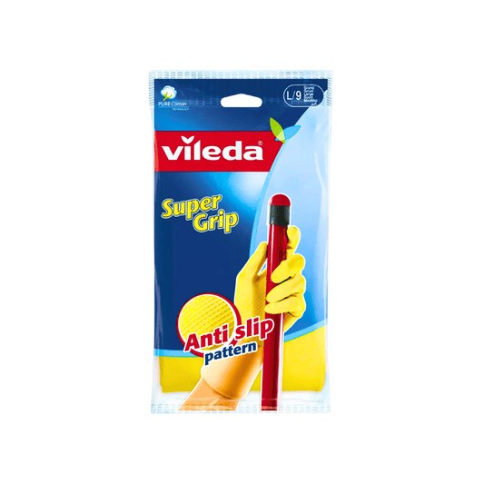 Vileda Super Grip, Durable Cleaning Gloves, Ideal all household tasks, Anti-slip pattern, Optimum handling and strong grip, Cotton lining, Size L Large, 1 pair