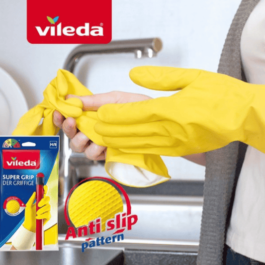 Vileda Super Grip, Durable Cleaning Gloves, Ideal all household tasks, Anti-slip pattern, Optimum handling and strong grip, Cotton lining, Size L Large, 1 pair