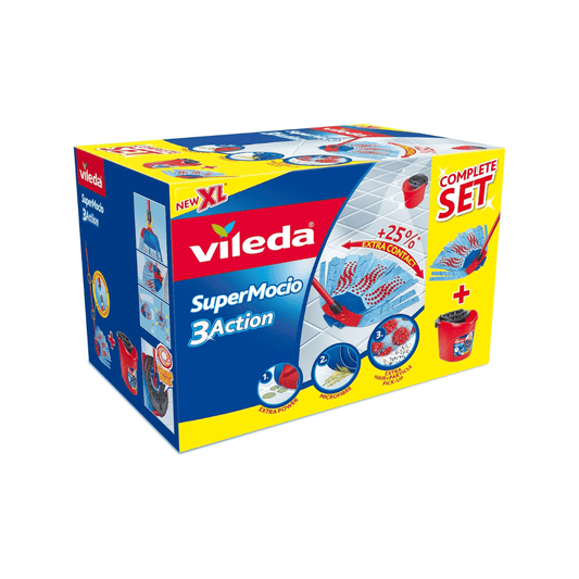 Vileda Supermop 3-Action Set of Wringer Bucket + Mop with 3D Head, @ Special Price