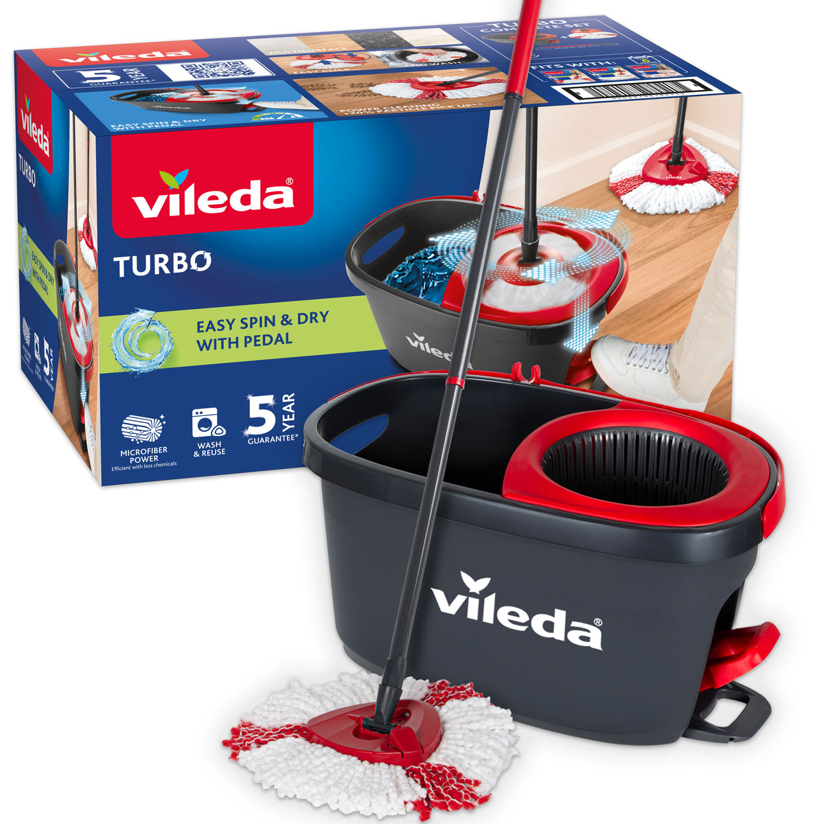 Vileda Turbo Rotating Mop Bucket Set with Foot Pedal |Telescopic Handle 85 – 123 cm | Floor mop with spinning wringer | Turbo 2in1 Microfibre Mop Head